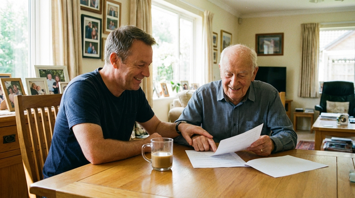 Ein erwachsener Sohn sitzt mit seinem betagten Vater an einem Esstisch und bespricht entspannt Dokumente. Eine Tasse Kaffee steht auf dem Tisch. Die Szene strahlt Erleichterung und familiären Zusammenhalt aus.
