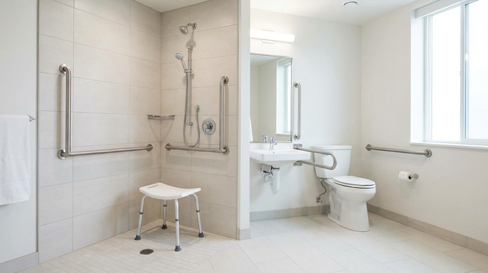 Ein modernes, barrierefreies Badezimmer mit bodengleicher Dusche und stabilen Haltegriffen an den hellen Fliesen. Ein Duschhocker steht bereit. Alles wirkt sehr sauber, sicher und professionell altersgerecht gestaltet.