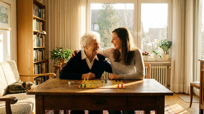 Zwei Frauen unterschiedlichen Alters sitzen fröhlich lachend bei einem Brettspiel im Wohnzimmer. Die Nachmittagssonne scheint herein. Es herrscht eine spürbar harmonische, vertrauensvolle Stimmung zwischen der Seniorin und ihrer Betreuerin.