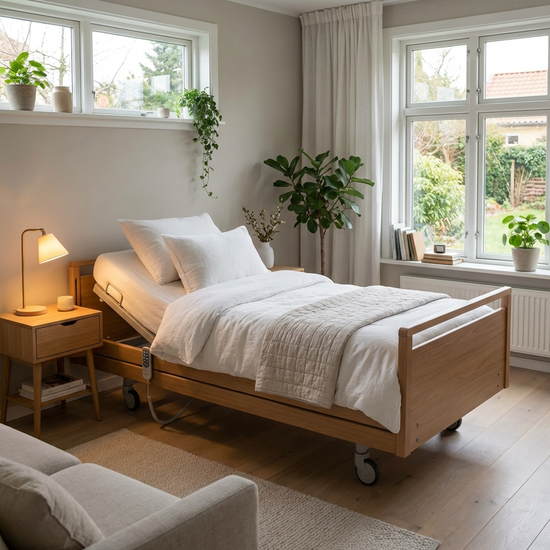Ein modernes, elektrisch verstellbares Pflegebett in einem gemütlich eingerichteten, hellen Schlafzimmer zu Hause. Saubere weiße Bettwäsche und ein Nachttisch mit einer kleinen Leselampe daneben.