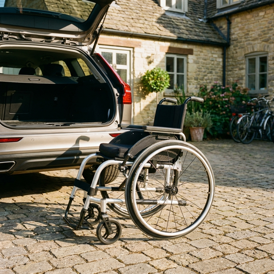 Ein leichter, moderner Rollstuhl aus Aluminium steht zusammengeklappt neben dem offenen Kofferraum eines geparkten Autos in einer sonnigen Einfahrt.