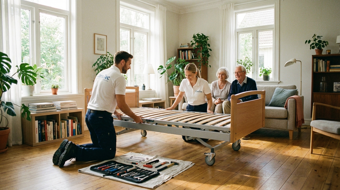 Zwei freundliche Techniker in sauberer Arbeitskleidung bauen sorgfältig ein Pflegebett in einem geräumigen, sonnendurchfluteten Wohnzimmer auf. Werkzeug liegt ordentlich sortiert auf dem Boden.