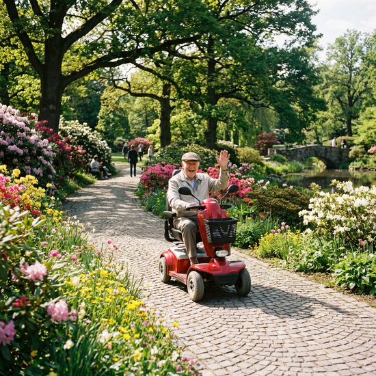 Ein rüstiger Senior fährt an einem sonnigen Tag mit einem roten Elektromobil auf einem gepflasterten Weg durch einen grünen, blühenden Park.