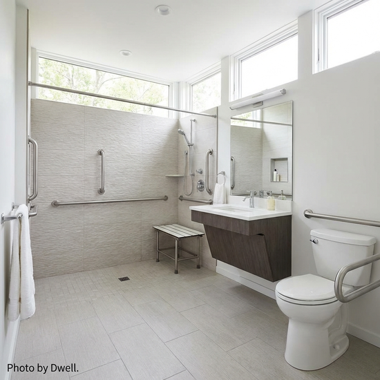 Ein helles, modern umgebautes, barrierefreies Badezimmer mit einer bodengleichen Dusche, rutschfesten Fliesen und stabilen Edelstahl-Haltegriffen an der Wand.