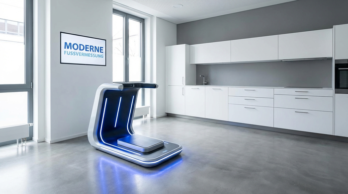 Ein moderner, sauberer Behandlungsraum in einem Sanitätshaus. Ein helles 3D-Scanner-Gerät steht auf dem Boden, beleuchtet mit sanftem blauen Licht. Keine Personen, fokussiert auf die saubere, hochmoderne Technik zur Fußvermessung.