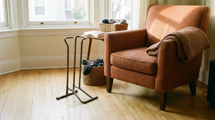 Ein praktisches, metallenes Anziehgestell für Strümpfe steht auf einem hellen Holzboden neben einem bequemen Sessel. Die Szene ist aufgeräumt und alltagsnah, warmes Morgenlicht fällt durch das Fenster.