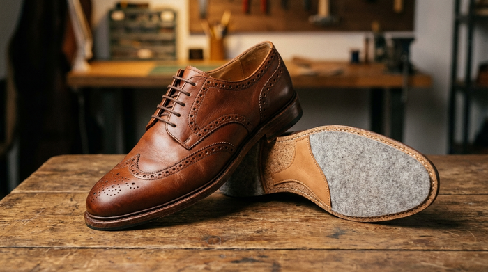 Ein stilvoller, bequemer Halbschuh aus weichem Leder steht leicht schräg auf einem Holztisch. Daneben liegt eine ergonomisch geformte, hochwertige Schuheinlage. Fokus auf die Kombination aus Komfort und Ästhetik.