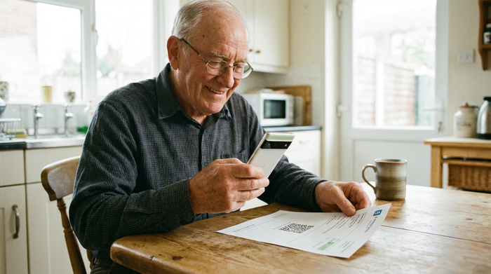 Ein älterer Herr scannt mit seinem modernen Smartphone ein E-Rezept ein. Er sitzt an einem Holztisch in einer hellen Küche. Im Hintergrund eine verschwommene Kaffeetasse. Realistische, alltägliche Szene, klares Licht, ohne Text.