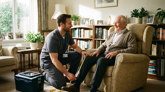 Ein freundlicher Orthopädietechniker mit Maßband kniet neben einem älteren Mann, der in einem bequemen Sessel sitzt, und misst dessen Bein aus. Helles Wohnzimmer, vertrauensvolle Interaktion, professionelle Pflegeberatung zu Hause, ohne Text.