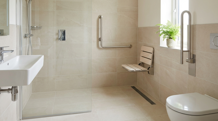 Ein modernes, hell gefliestes und barrierefreies Badezimmer mit einer bodengleichen Dusche. Ein eleganter Duschsitz ist an der Wand montiert, Haltegriffe aus Edelstahl sorgen für Sicherheit. Eine kleine grüne Pflanze steht auf dem Fensterbrett. Realistische Raumaufnahme, ohne Text.