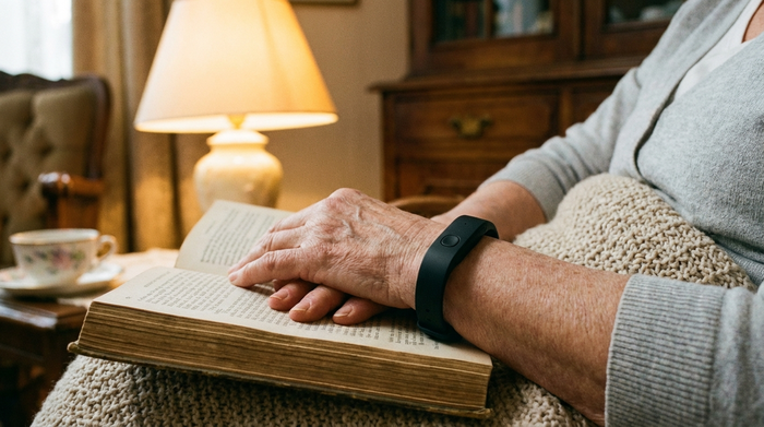 Nahaufnahme vom Handgelenk einer älteren Frau, die ein unauffälliges, modernes Hausnotruf-Armband trägt. Ihre Hände ruhen sanft auf einem aufgeschlagenen Buch. Gemütliche Beleuchtung, Fokus auf Sicherheit im Alter, ohne Text.