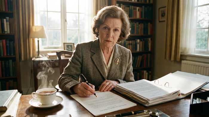 Eine resolute, ältere Dame sitzt mit einer Tasse Tee am Schreibtisch und unterschreibt mit einem Füller ein offizielles Dokument. Ein Ordner mit Unterlagen liegt geöffnet daneben. Entschlossener Gesichtsausdruck, helles Arbeitszimmer, ohne Text.