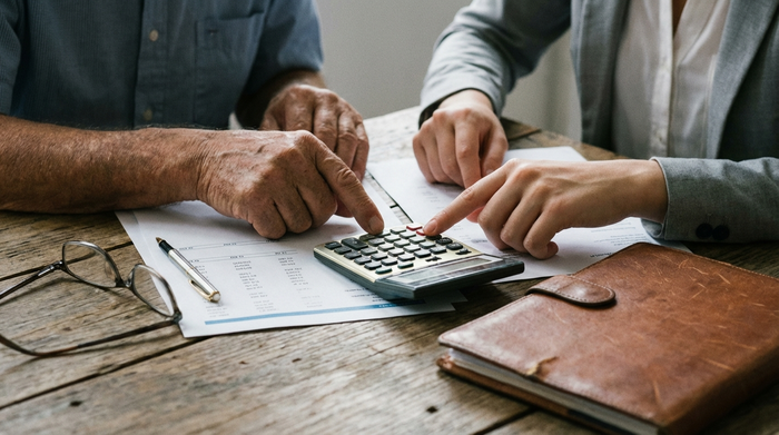 Nahaufnahme von Händen einer älteren Person und einer jüngeren Beraterin, die gemeinsam auf einem Holztisch Dokumente und einen Taschenrechner durchgehen. Ruhige und fokussierte Stimmung.