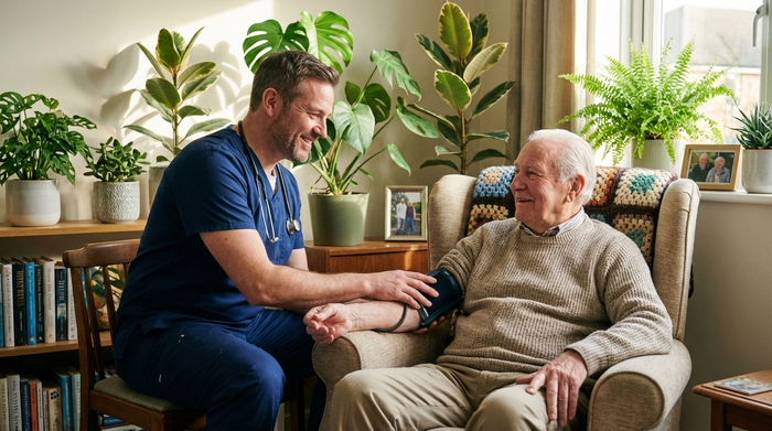 Eine fürsorgliche männliche Pflegekraft misst den Blutdruck eines älteren Herrn, der gemütlich in seinem Sessel im Wohnzimmer sitzt. Im Hintergrund stehen gepflegte Zimmerpflanzen.