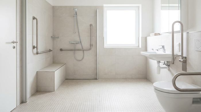 Ein modernes, helles und barrierefreies Badezimmer mit einer bodengleichen Dusche, stabilen Haltegriffen an den hell gefliesten Wänden und einem rutschfesten Boden. Alles wirkt sehr sauber und sicher.