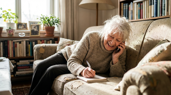 Eine ältere Frau telefoniert entspannt auf dem heimischen Sofa mit einem Smartphone. Sie wirkt erleichtert und glücklich, während sie sich mit einem Stift Notizen in ein kleines Buch macht.