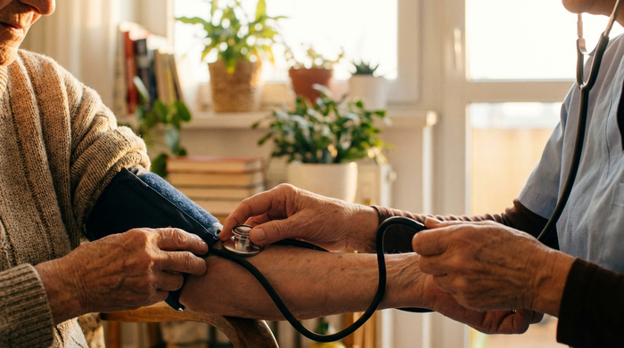 Nahaufnahme von Händen einer Pflegekraft, die liebevoll den Blutdruck eines Seniors messen, im Hintergrund unscharf eine helle Wohnung. Realistisch, medizinische Betreuung zu Hause, warme Beleuchtung.