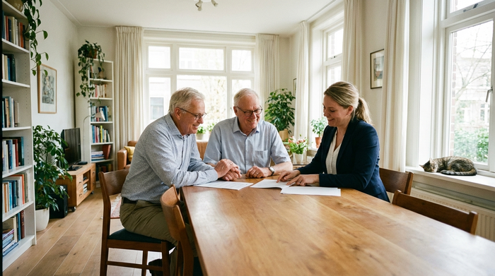 Ein älteres Ehepaar sitzt gemeinsam mit einer Pflegeberaterin an einem Holztisch, sie schauen entspannt auf einige Dokumente. Helles Tageslicht, aufgeräumtes Wohnzimmer, positive Stimmung.
