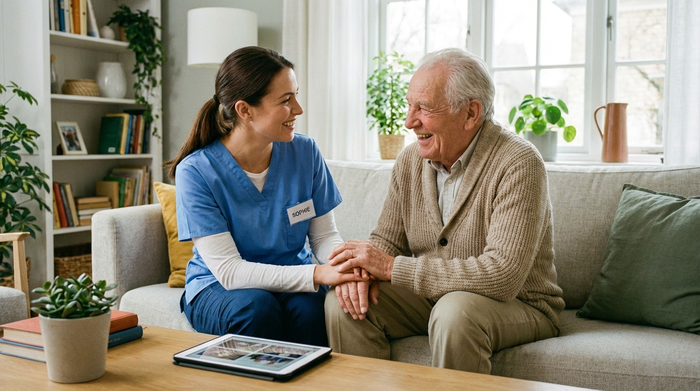 Eine freundliche Pflegekraft im Gespräch mit einem Senior auf dem Sofa. Beide lächeln sich an. Vertrauensvolle Atmosphäre, professionelles Auftreten, sauberes, gemütliches Zuhause.
