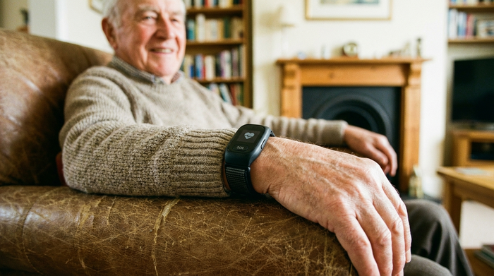 Ein moderner, unauffälliger Hausnotruf-Sender am Handgelenk eines Seniors, der entspannt in einem Sessel sitzt. Fokus auf das Handgelenk und das Gerät, gemütliche und sichere Wohnatmosphäre.