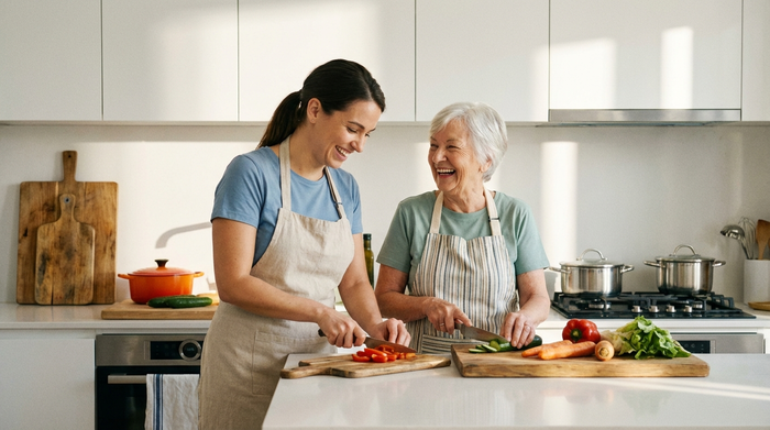 Eine fürsorgliche Betreuungskraft kocht gemeinsam mit einer Seniorin in einer modernen, sauberen Küche. Beide lachen und schneiden frisches Gemüse. Warme, familiäre Atmosphäre.