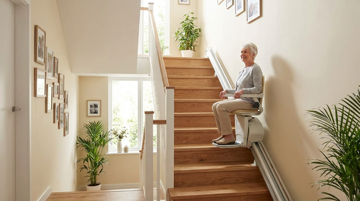 Ein moderner, unauffälliger Treppenlift in einem gepflegten Einfamilienhaus. Eine ältere Frau fährt sicher und entspannt die Treppe hinauf. Helles Treppenhaus mit schönen Holzstufen.