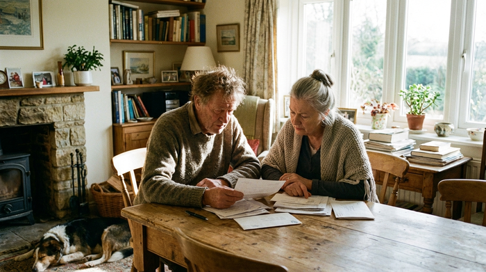 Zwei nachdenkliche ältere Menschen sitzen an einem rustikalen Holztisch in einem sonnigen Wohnzimmer und betrachten gemeinsam Papiere. Die Szene wirkt konzentriert, realistisch und gut ausgeleuchtet.