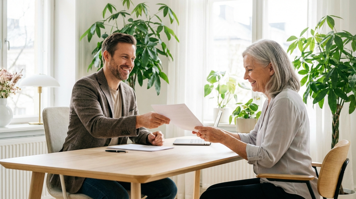 Ein empathischer Berater in einem modernen, hellen Büro reicht einer lächelnden Seniorin ein Dokument über den Schreibtisch. Im Hintergrund stehen grüne Pflanzen, weiches Tageslicht.
