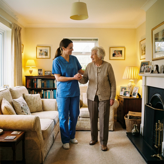 Eine fürsorgliche Pflegekraft in blauer Berufskleidung hilft einer älteren Dame liebevoll beim Gehen im eigenen, gemütlichen Wohnzimmer. Beide lächeln sich freundlich an, warme Beleuchtung.