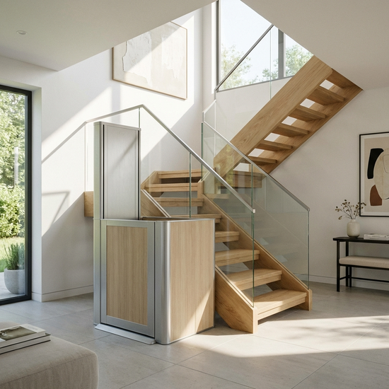Ein moderner, eleganter Treppenlift in einem gepflegten, hellen Einfamilienhaus. Der Lift fügt sich harmonisch in das hölzerne Treppenhaus ein, saubere Umgebung, fotorealistisch.
