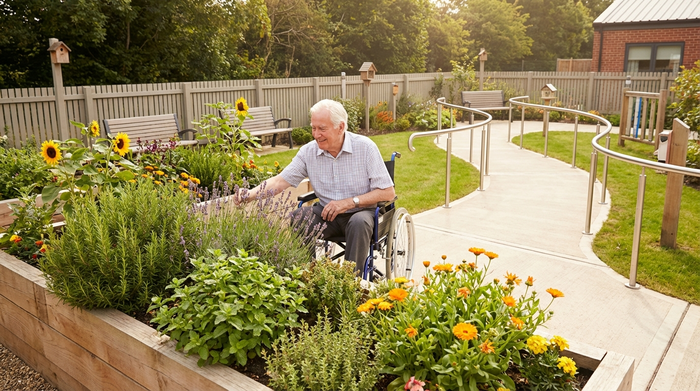 Ein heller, sicherer Demenzgarten mit Hochbeeten voller blühender Kräuter und Blumen. Ein älterer Herr im Rollstuhl betrachtet friedlich die Pflanzen. Ein geschwungener, barrierefreier Weg führt durch den gepflegten Garten.