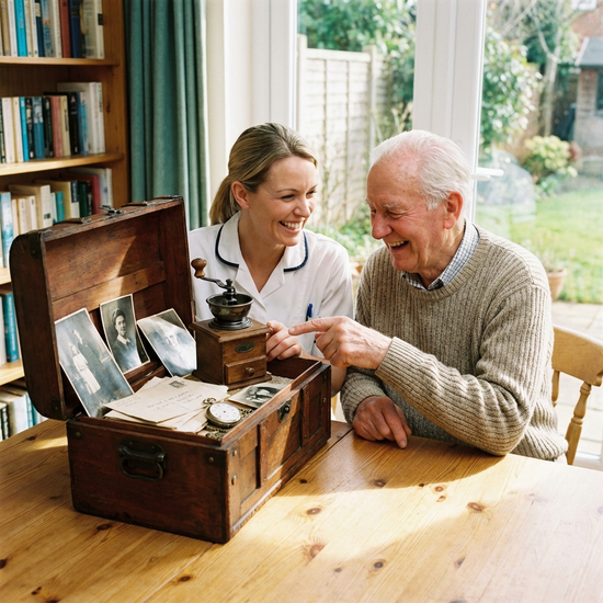 Eine Pflegekraft und ein älterer Mann betrachten gemeinsam eine alte Holzkiste mit nostalgischen Gegenständen wie einer Kaffeemühle und alten Schwarz-Weiß-Fotografien. Beide lächeln.