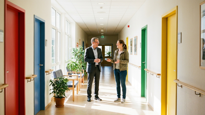 Eine erwachsene Tochter und ein Heimleiter stehen im hellen Flur einer Pflegeeinrichtung und unterhalten sich freundlich. Der Flur ist breit, lichtdurchflutet und mit farbigen Türen zur besseren Orientierung gestaltet.