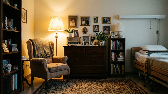 Ein gemütlich eingerichtetes Bewohnerzimmer in einem Pflegeheim. Ein vertrauter, älterer Ohrensessel, eine klassische Stehlampe und gerahmte Familienfotos auf einer Kommode verleihen dem Raum eine persönliche Note.