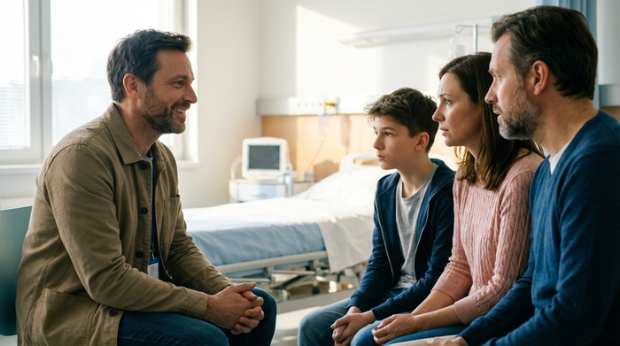 Ein freundlicher Sozialarbeiter im Krankenhausgespräch mit einer besorgten Familie. Helles Patientenzimmer im Hintergrund, professionelle und beruhigende Atmosphäre, realistischer Stil.