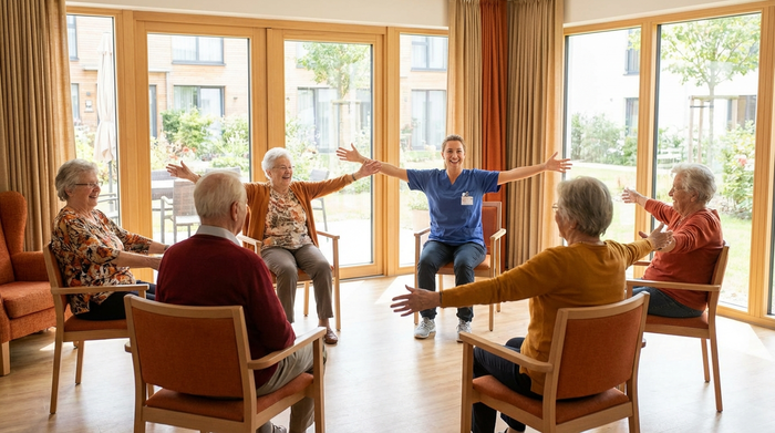 Eine fröhliche Gruppe von Senioren bei der gemeinsamen Sitzgymnastik in einem lichtdurchfluteten, modernen Aufenthaltsraum eines Pflegeheims. Eine motivierte Pflegerin leitet die Gruppe an. Fröhliche Gesichter, warme Farben.