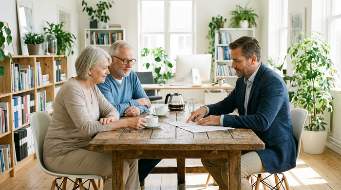 Ein älteres Ehepaar sitzt an einem Holztisch und bespricht ruhig Dokumente mit einem professionellen Berater. Kaffeetassen auf dem Tisch, seriöse und unterstützende Atmosphäre, helles Büro.