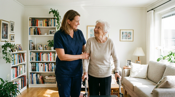 Eine engagierte Pflegekraft unterstützt eine lächelnde Seniorin beim Gehen im eigenen, gemütlichen Zuhause. Respektvoller Umgang, helle und saubere Umgebung, realistische Pflegesituation.