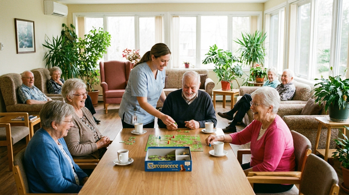 Eine Gruppe von Senioren sitzt fröhlich in einem hellen Gemeinschaftsraum zusammen und spielt ein Brettspiel. Eine freundliche Betreuerin hilft ihnen dabei. Gemütliche Einrichtung mit bequemen Sesseln, Pflanzen und viel Tageslicht. Realistische, herzerwärmende Szene ganz ohne Text.