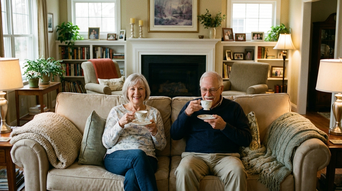 Ein älteres Ehepaar sitzt entspannt auf einem Sofa im eigenen Wohnzimmer und trinkt Tee. Die Frau lächelt erleichtert. Im Hintergrund ein aufgeräumtes, gemütliches Zuhause. Realistische Fotografie, warme Beleuchtung, entspannte Stimmung, textfrei.