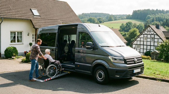 Ein moderner, rollstuhlgerechter Kleinbus parkt vor einem gepflegten Einfamilienhaus an einem leichten Hang im Bergischen Land. Ein freundlicher Fahrer in Freizeitkleidung hilft einer älteren Dame höflich beim Einsteigen. Sonniges Wetter, realistische Szene ohne Text oder Logos.