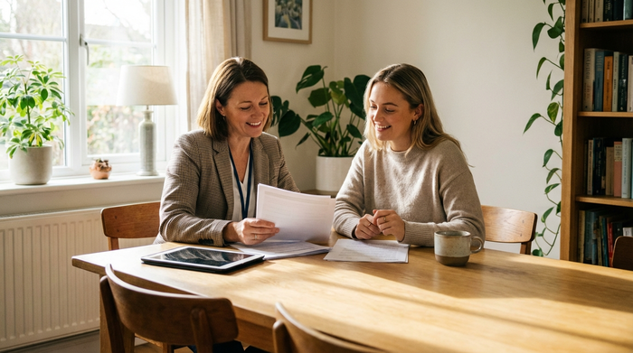 Eine professionelle Pflegeberaterin sitzt mit einer erwachsenen Tochter am Esstisch und bespricht entspannt Unterlagen. Beide lächeln zufrieden. Eine Kaffeetasse steht auf dem Tisch. Helle, freundliche Raumatmosphäre, hochauflösend und realistisch.