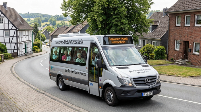 Ein moderner Kleinbus für den Seniorentransport fährt durch eine malerische, leicht hügelige Straße in Remscheid, umgeben von grünen Bäumen und gepflegten Häusern, realistisch, helles Tageslicht.