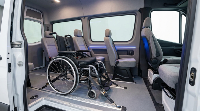 Ein sicherer Rollstuhltransport in einem geräumigen Fahrzeug. Ein moderner Rollstuhl ist mit professionellen Gurten fest am Boden verankert, sauberes Interieur, weiches Licht, ohne Personen.