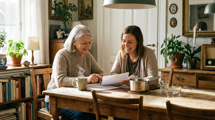 Eine ältere Dame und ihre Tochter sitzen entspannt am Esstisch und besprechen lächelnd Dokumente, eine Kaffeetasse steht auf dem Tisch, warme und gemütliche Atmosphäre, realistisch.