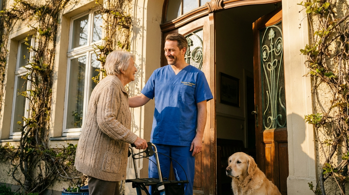 Ein freundlicher männlicher Pfleger im Gespräch mit einer Seniorin an der geöffneten Haustür eines schönen Altbaus, sonniger Vormittag, vertrauensvolle Stimmung.