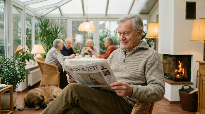 Ein sanft lächelnder älterer Herr mit grauem Haar sitzt in einem gemütlichen, gut beleuchteten Wintergarten und liest entspannt eine Zeitung. Im Hintergrund sind unscharf andere Senioren in einer friedlichen Unterhaltung zu erkennen. Die Atmosphäre ist einladend, ruhig und sicher.