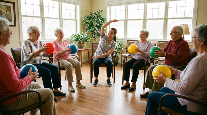 Eine Gruppe fröhlicher Senioren sitzt im Kreis in einem hellen Raum und macht leichte Sitzgymnastik mit bunten Gymnastikbällen. Eine motivierende Pflegekraft macht die Übungen vor. Viel natürliches Licht, Holzboden, warme und positive Stimmung.