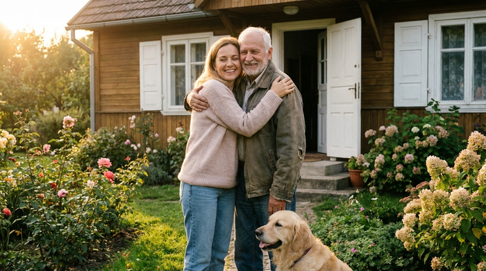 Eine erwachsene Tochter umarmt ihren älteren Vater liebevoll und entspannt vor der Haustür eines Einfamilienhauses. Beide strahlen Zufriedenheit und Erleichterung aus. Warme Nachmittagssonne, gepflegter Vorgarten, emotionale und harmonische Szene.
