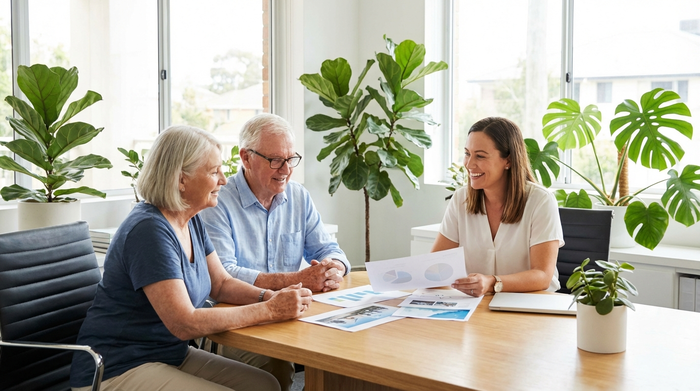 Ein älteres Ehepaar sitzt gemeinsam mit einer freundlichen Beraterin an einem Schreibtisch und schaut entspannt auf einige Dokumente. Die Beraterin lächelt beruhigend. Helle, professionelle Büroumgebung mit Pflanzen, keine lesbaren Texte auf den Papieren.